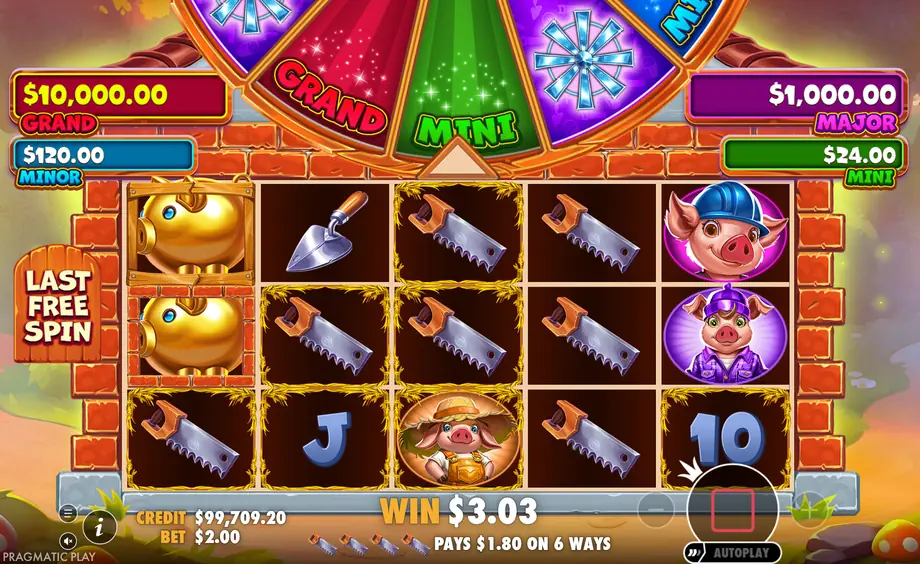 Brick House Bonanza Free Spins με πλαίσια από άχυρο σε πλέγμα με τούβλινο τοίχο και την ένδειξη Last Free Spin