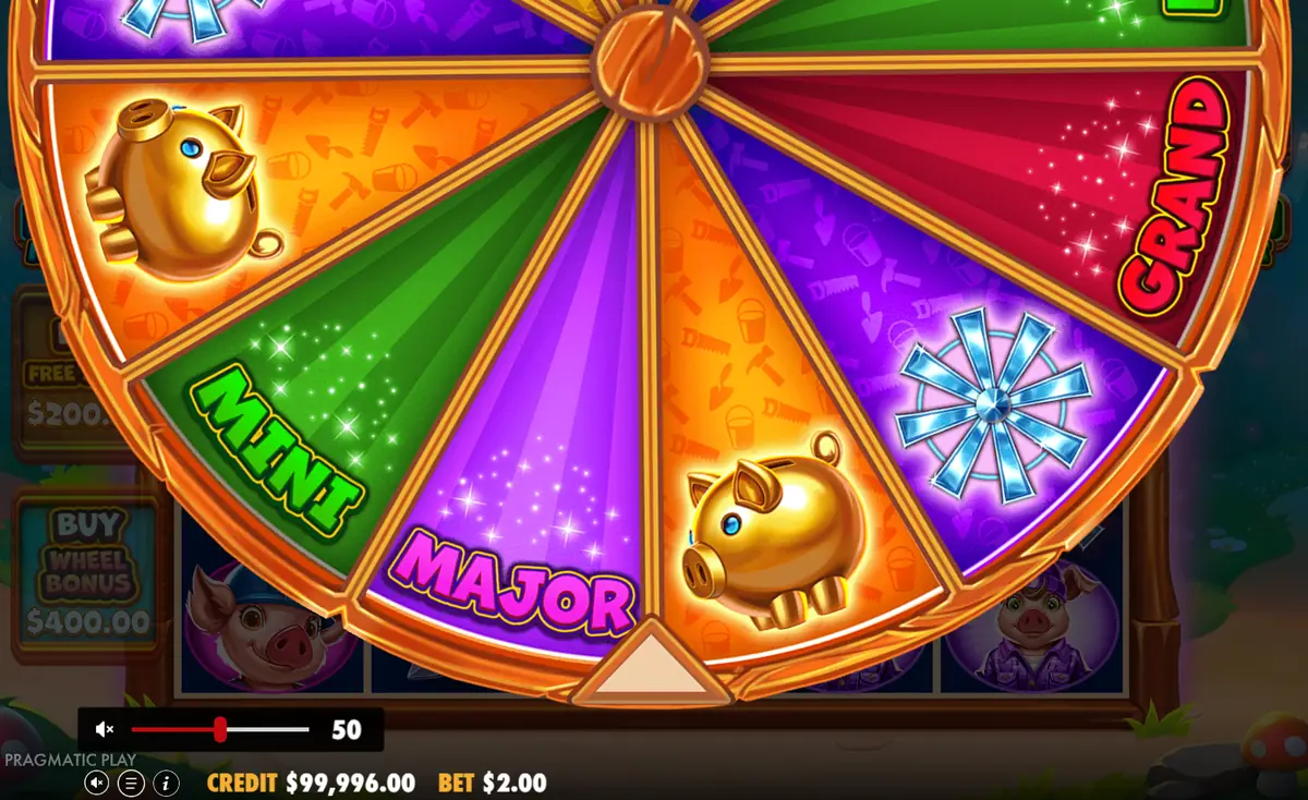 Brick House Bonanza Bonus Wheel με τα τμήματα των τζάκποτ Mini, Major και Grand