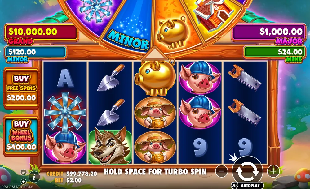 Brick House Bonanza λύκος Wild στον τροχό 2 δίπλα σε χρυσό Piggy Bank Scatter και σύμβολο Wheel